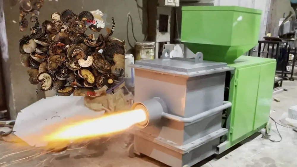 Brûleur à coques d’anacarde produisant une flamme propre et intense en atelier — image d’illustration, et non la photographie d’une installation réalisée